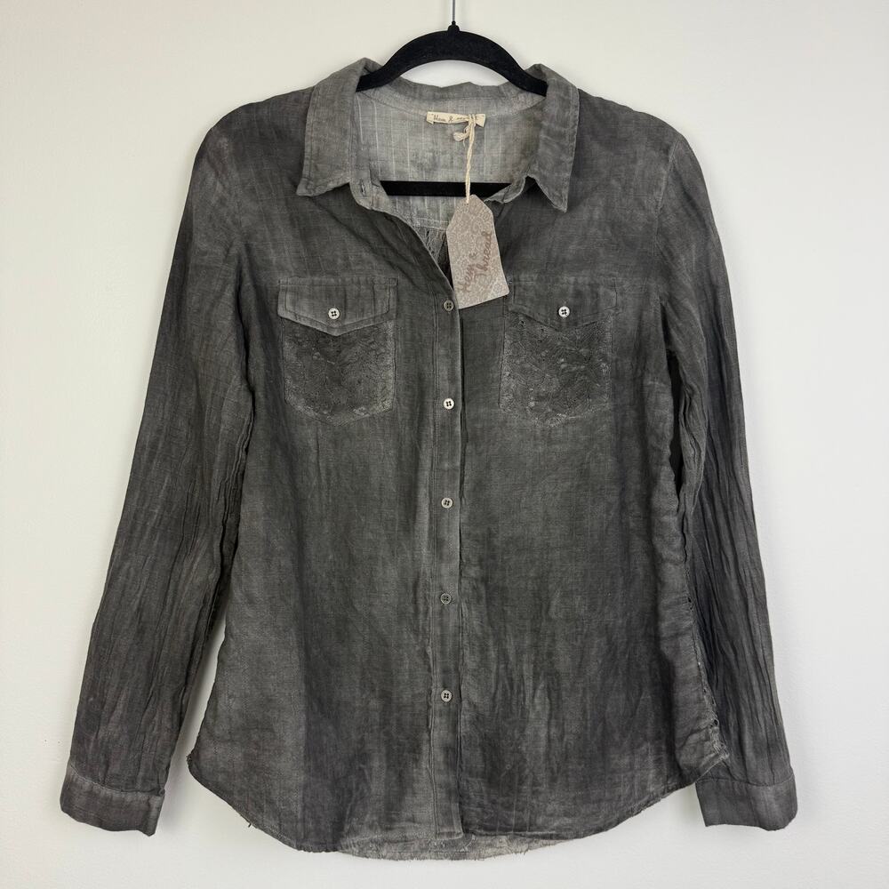 NWT Hem & Thread Long Sleeve Button-Up Floral Lace Crinkle Grey Wash Shirt Large